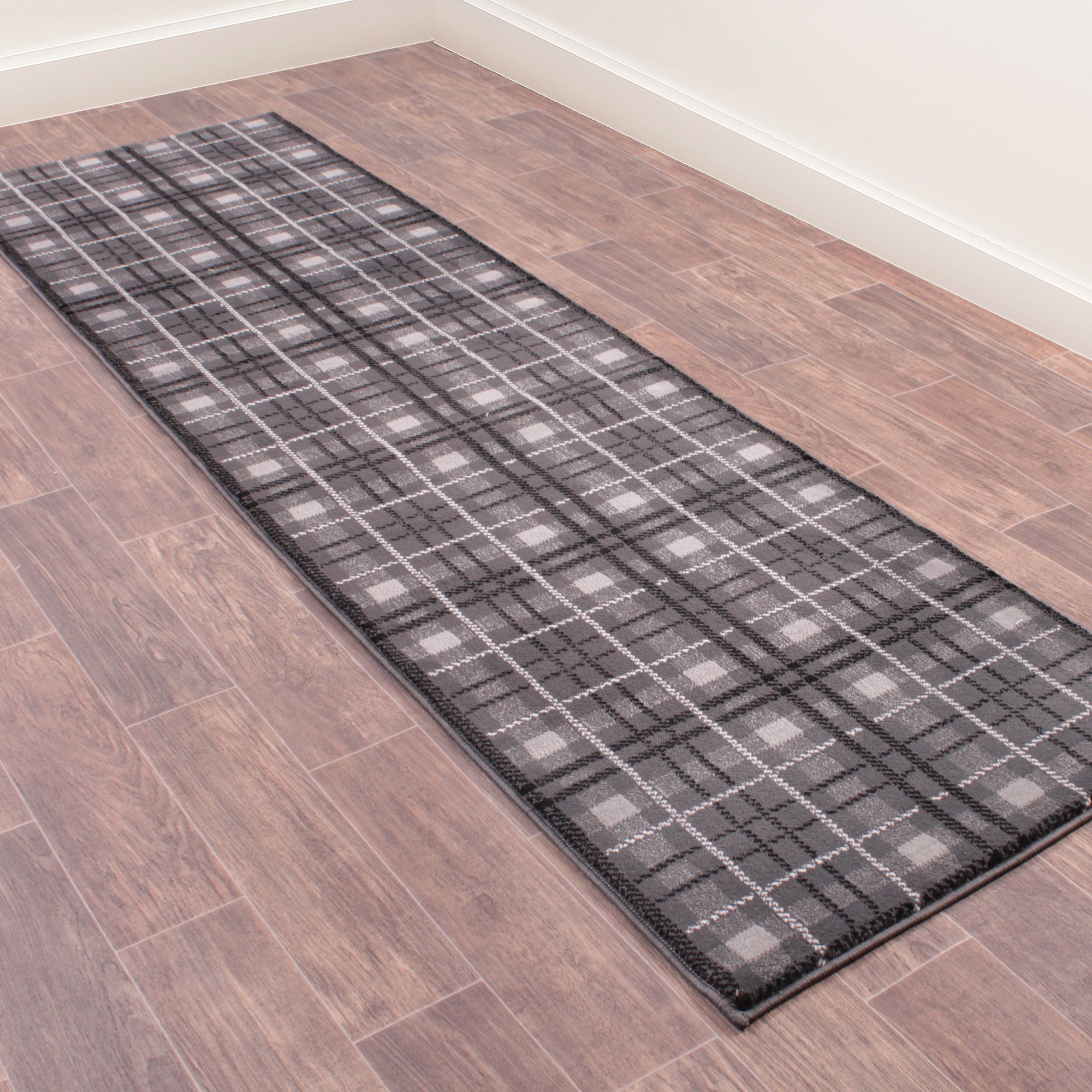 Tartan Check Modern Runner Rugs In Grey